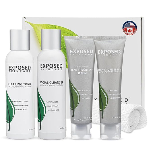 Exposed Skin Care, Basic Acne Treatment Kit with 2.5% Salicylic Acid and 3.5% Benzoyl Peroxide to Clear Up Teen, Adult, Hormonal and Cystic Acne – Natural, Non-toxic and Cruelty Free