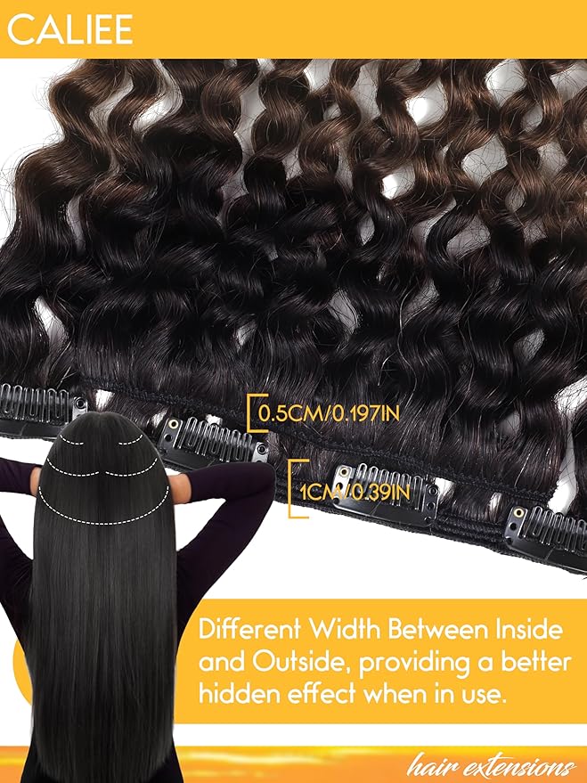 Caliee Ombre Dark Brown 16inch Jerry Curly Clip in Hair Extension Brazilian Human Hair for Women Clips Ins Hair Extensions Natural Black 1B into Dark Brown #T1B/4 with 7Pcs 17Clips Per Pack