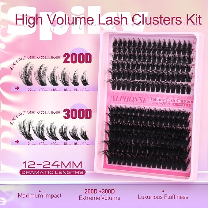 Lash Clusters Kit 200D+300D Mega Volume Cluster Eyelash Extensions 12-24mm Wispy Eyelash Clusters Fluffy Cluster Lashes DIY Lash Extension Kit with Bond and Seal at-Home Application by ALPHONSE