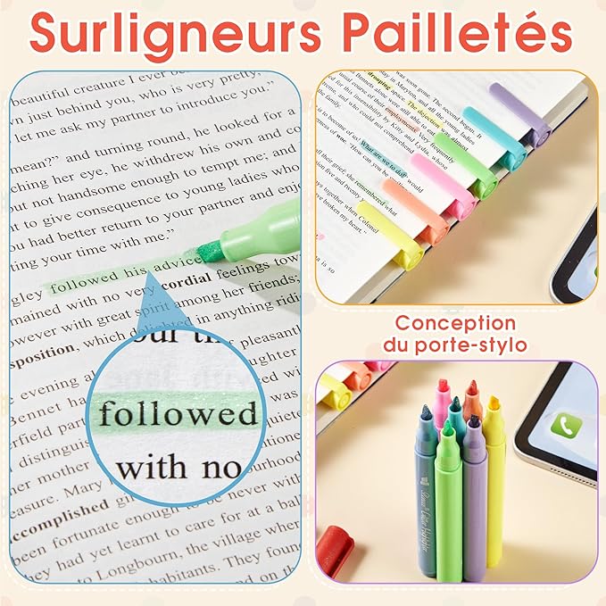 Silver Glitter Highlighters- Chisel Tip, No Bleed, Assorted Colors - 12 Pack Metallic Colors Cute Highlighter Markers, Pastel Bible Highlighters for Journaling and School Supplies for Girls