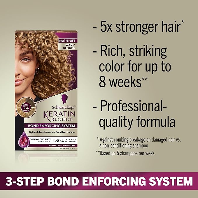 Schwarzkopf Keratin Blonde Hair Dye, 11.51 Warm Blonde, Professional Quality Hi-Lift Permanent Hair Color, Bond Enforcing System Helps Prevent Breakage* Pre-Color Serum & Conditioner Included