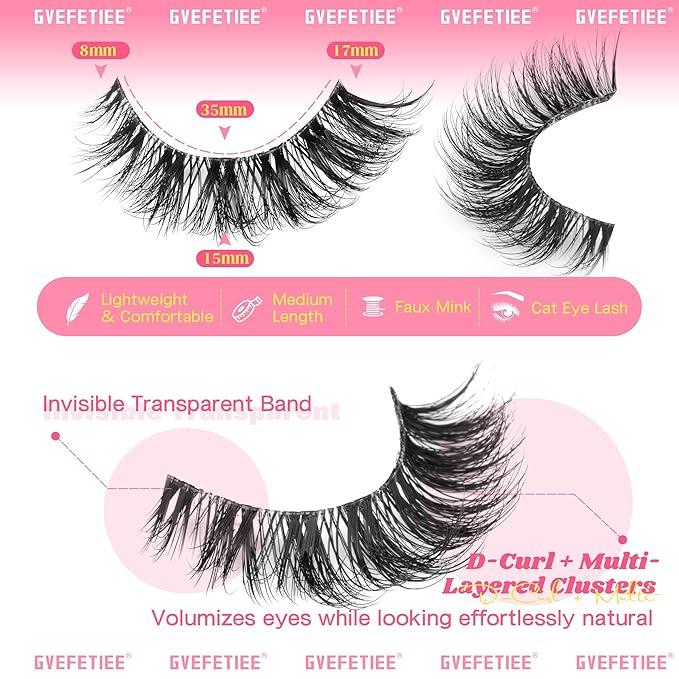 False Eyelashes Clear Band Natural Look Faux Mink Lashes Wispy Cat Eye Lashes Soft Eyelashes Lightweight Handmade 8 Pairs Pack Eyelashes