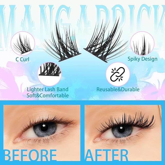 Manga Lash Clusters with Thin Band Spike Eyelash Clusters 10-14mm C Curl Soft Lashes Cluster Wispy Individual Lashes Cluster DIY Look Like Eyelash Extension (Mangaprick)