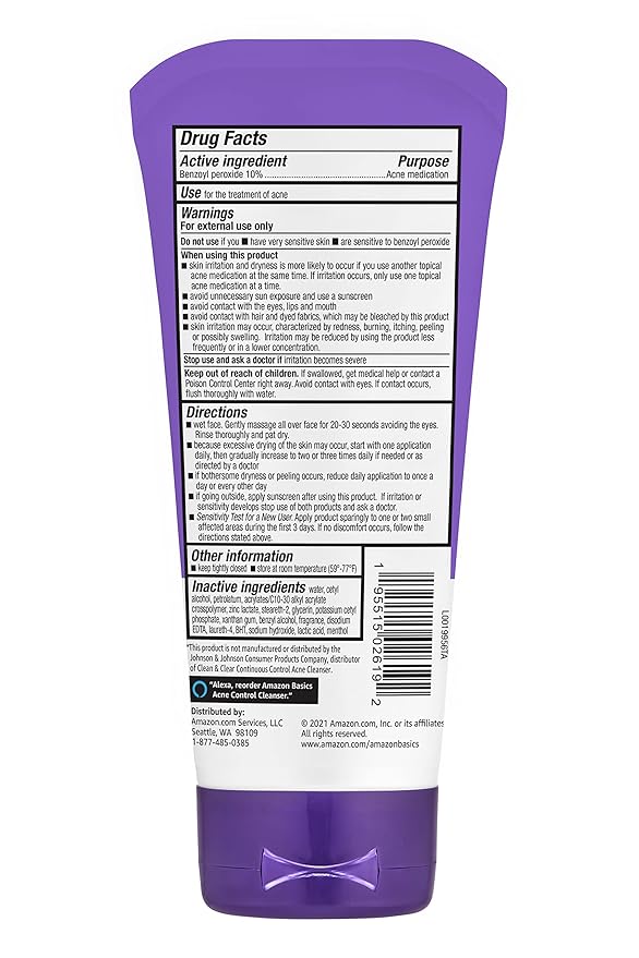 Amazon Basics Acne Cleanser Face Wash - Daily Control, Maximum Strength 10% Benzoyl Peroxide, 5 Ounce (Pack of 3)