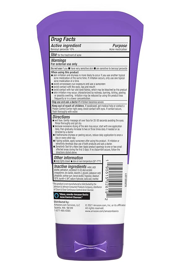 Amazon Basics Acne Cleanser Face Wash - Daily Control, Maximum Strength 10% Benzoyl Peroxide, 5 Ounce