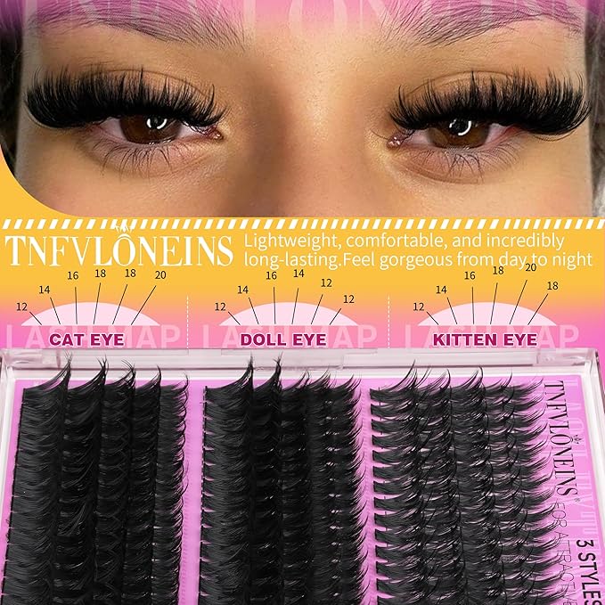TNFVLONEINS Mink Lash Clusters with Spikes Thick Cluster Eyelash Extensions 3 Styles D-Curly Eyelash Clusters Volume Individual Lashes Fairy Lashes Clusters (240PCS 160D+200D+300D)
