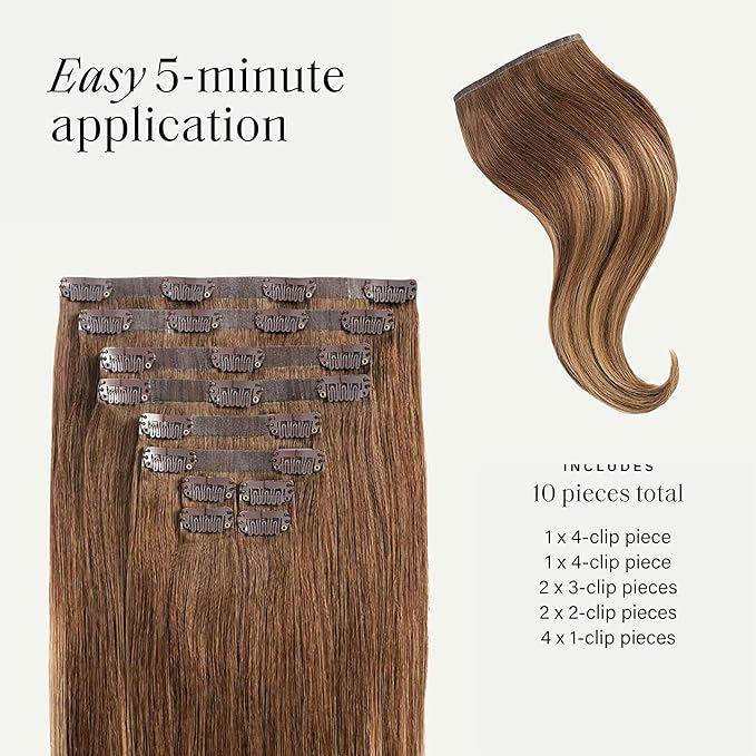 Luxy 100% Remy Human Hair - Seamless Clip-In Hair Extensions - Multi-Dimensional Color for Natural Blending, Adds Volume & Length 50 grams 12" Chestnut Brown Balayage
