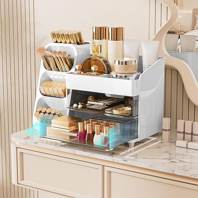Delamu Makeup Organizer Countertop, Spacious Cosmetic Display Case with Makeup Brush Holder, Perfect Vanity Bathroom Organizer and Storage Solution for Skincare & Beauty Essentials, White