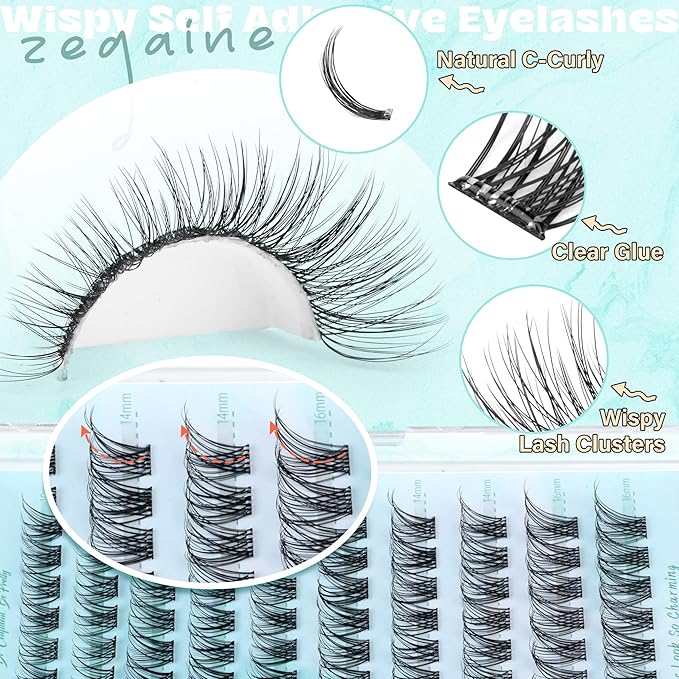 Zegaine Self Adhesive Eyelashes Natural Self Adhesive Lash Clusters Wispy Pre Glued Lashes Natural Look Cluster Eyelash Extensions C-Curly Glueless Lash Clusters Reusable No Glue Needed 10-16MM 120Pcs