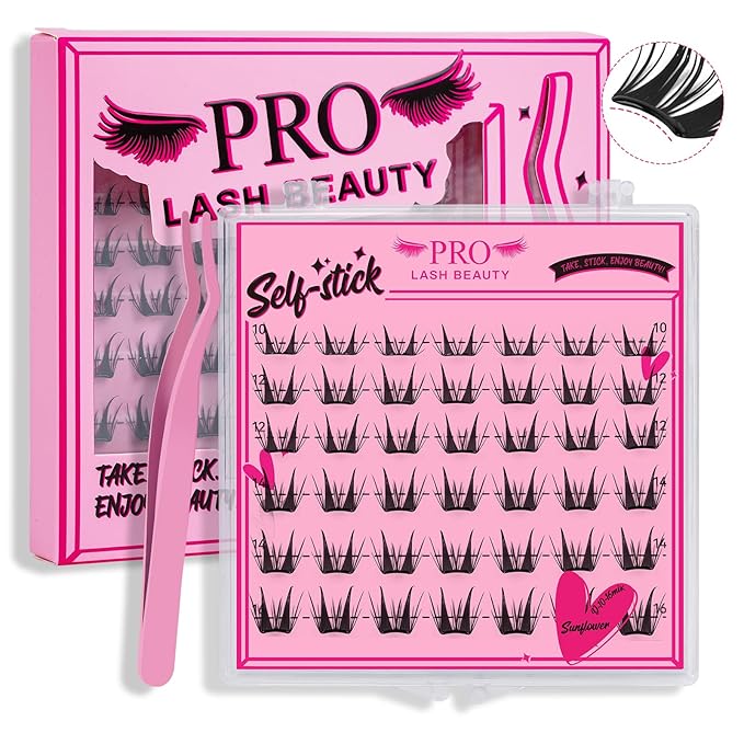 PRO Self Adhesive False Eyelashes,Lash Clusters No Glue Needed Pre Glued No Remover,1 applicator,Easy to Apply, Curved-Thin Band Reusable Cluster Lashes(Sunflower-D-10-16mix)