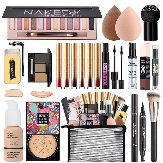 All in One Makeup Kit for Women Full Kit,Travel Make Up Gift Set for Women Teens Girls, Includes Eyeshadow,CC,Foundation,Lipstick,Mascara,Brush,Sponge,Brow Powder & Soap,Eyeliner,Primer,Contour,Bag