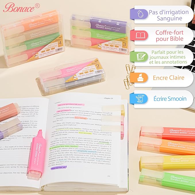 Silver Glitter Highlighters - Chisel Tip, No Bleed, Assorted Colors - 6 Pack Metallic Colors Cute Highlighter Markers, Pastel Highlighters for Journaling and School Supplies for Girls