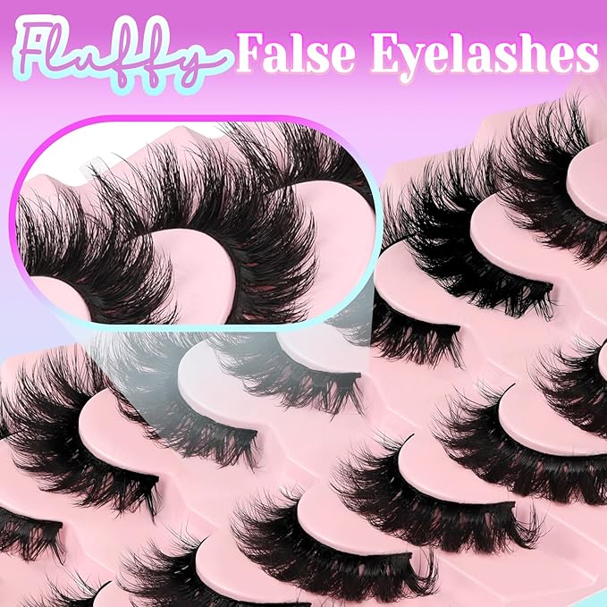 Losha Lashes Volume False Eyelashes Fluffy Cat Eye Lashes 7 Pairs Crisscross Lashes Strips 8-18mm Thick Fake Eyelashes 3D Faux Mink Lashes (FC03)