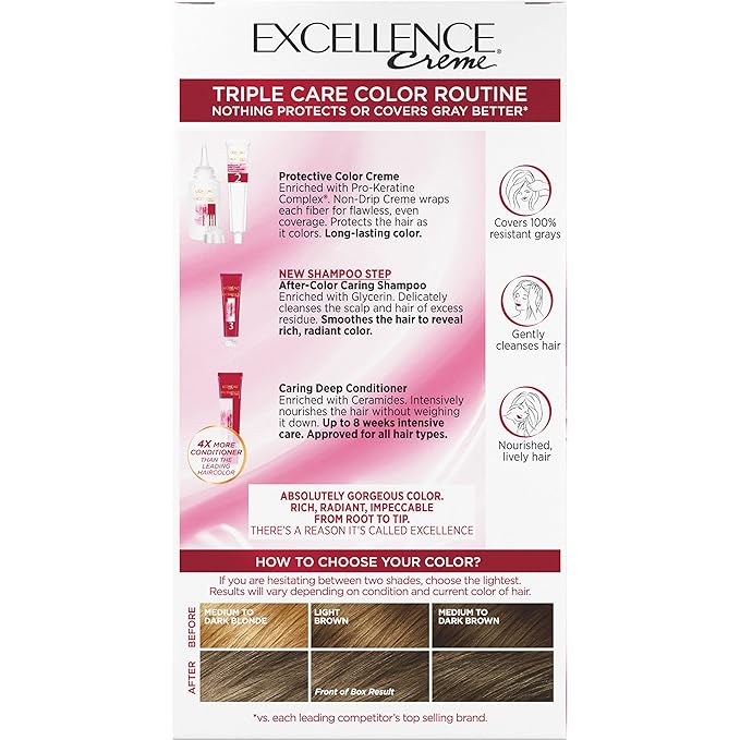 L'Oreal Paris Excellence Crème Permanent Hair Dye, Triple Care Hair Color with Pro-Keratine Complex for 100% Gray Hair Coverage, 6A Light Ash Brown, 1 Kit