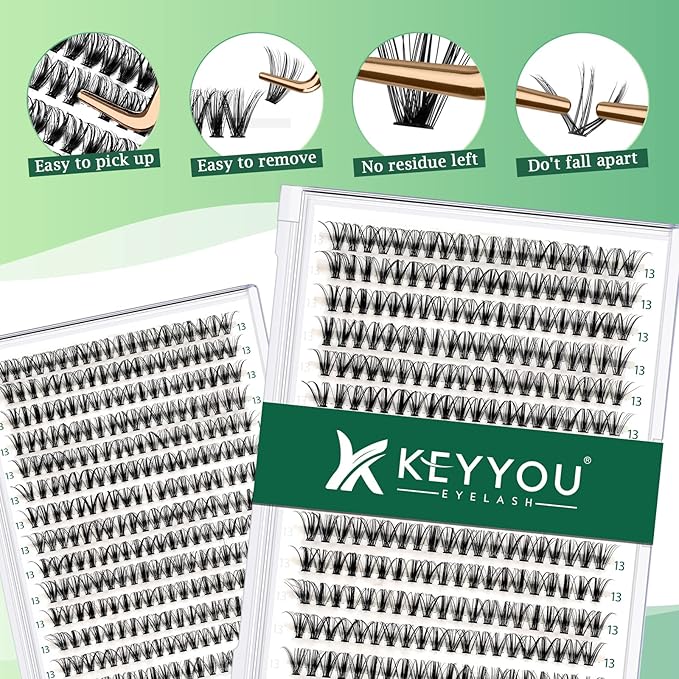 Lash Clusters 300pcs Individual Lashes 30D 0.07D Curl 13mm DIY Eyelash Extension KEYYOU Large Tray Volume Soft&Natural Cluster Lashes(30D-0.07D,13）