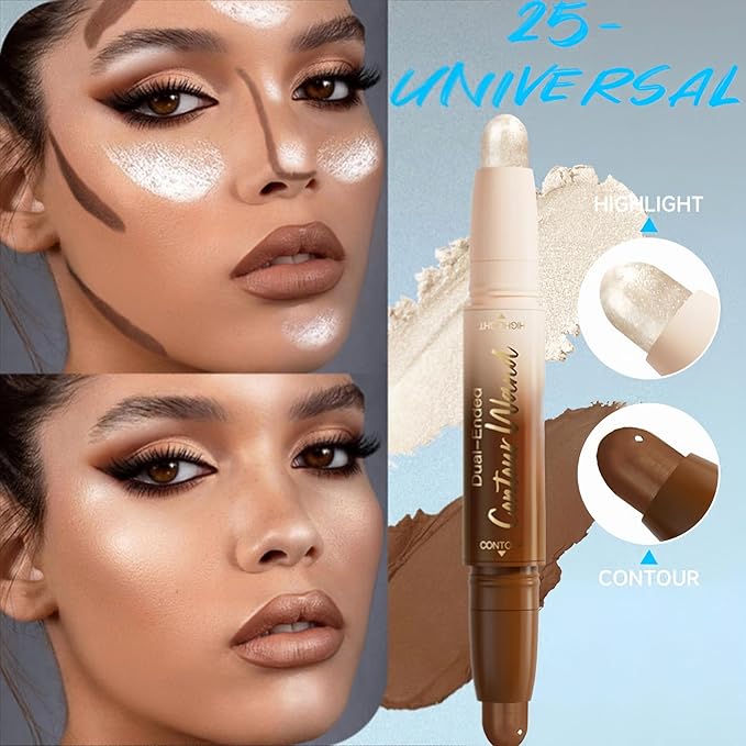 MAEPEOR Contour Highlighter Stick 2 in 1 Smooth Natural Glow Cream Bronzer and Highlighter Stick Long Lasting Non-greasy and Non-drying Brightening Pen (05 Universal)