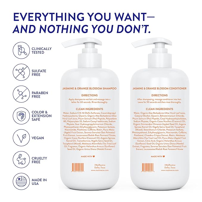 Routine Wellness Anti-Thinning Shampoo and Conditioner Set for Thinning Hair - Biotin DHT Blocker Women & Men - Color Safe Shampoo for Hair Loss & Healthier Hair - Jasmine & Orange Blossom (Pack of 2)