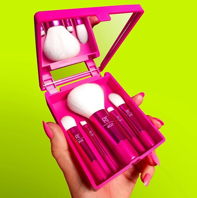 Real Techniques Vivid Escape Glow-To-Go Travel Makeup Brush 6 Piece Set, Mini Size Makeup Brushes For Eyeshadow, Concealer, Contour, & Blush, Includes Mirror Cosmetic Case, Cruelty-Free & Vegan