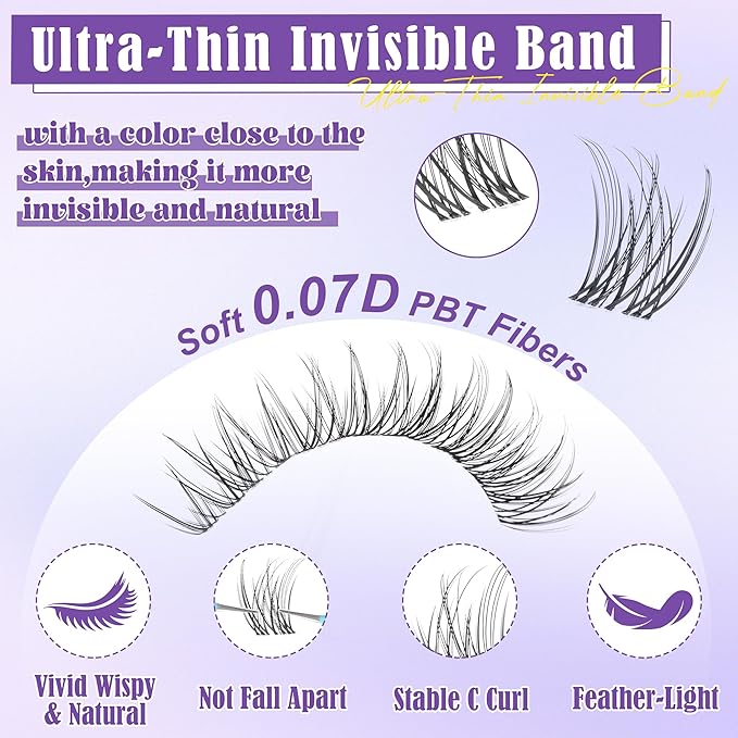 ALICE Natural Lash Extensions Kit Invisible Band Lash Clusters Kit Wispy10-14mm Eyelash Extensions C-Curly Individual Cluster Lashes Kit with Lash Remover DIY at Home