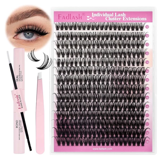 FADLASH DIY Lash Extension Kit Individual Lashes Cluster D Curl Eyelash Extension Kit with Lash Bond and Seal and Lash Applicator Tool for Self Application at Home (50D-0.07D-12-18MIX KIT)