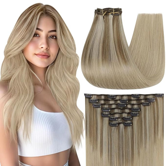 Full Shine Dark Blonde Hair Extensions Clip in 18 Inch Teddy Bear Blonde Clip in Human Hair Extensions for White Women 120 G 7 Pcs