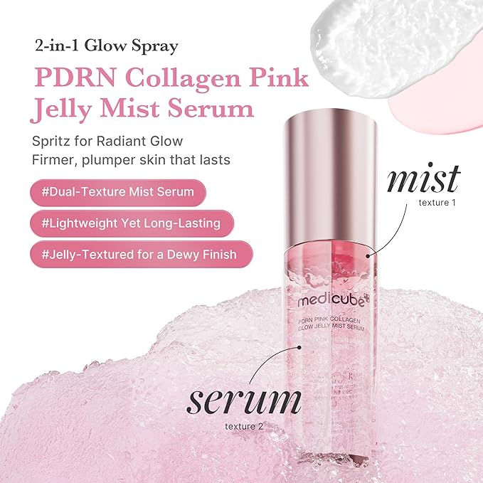 medicube Pink PDRN Collagen Glow Jelly Mist Serum | Dual-Texture Mist Serum with Niacinamide, Glutathione, Ceramide & Hyaluronic Acid | Lightweight for Deep Hydration, Radiance & Plump-Looking Skin