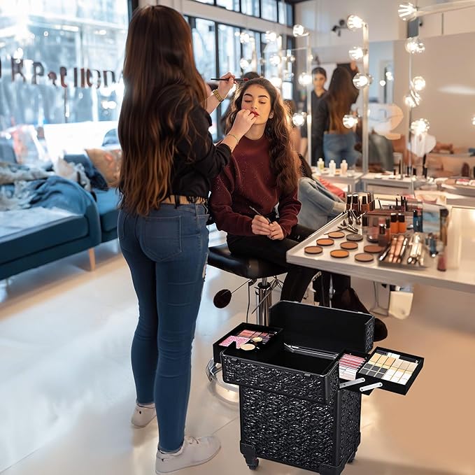 BYOOTIQUE Rolling Makeup Train Case on Wheels Large Cosmetic Travel Organizer Eyelash Storage Box for Nail Tech Beauty Salon Manicurist Barbershop,Mermaid Black