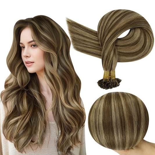 Full Shine Ktip Human Hair Extensions 20 Inch Prebonded Extensions Brown Highlight Blonde K Tip Hair Extensions Human Hair 50 Grams Straight Remy Hair for Women