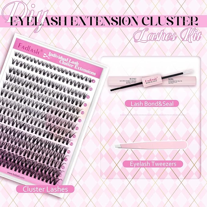 FADLASH DIY Lash Extension Kit Individual Lashes Cluster D Curl Eyelash Extension Kit with Lash Bond and Seal and Lash Applicator Tool for Self Application at Home (30D-0.07D-8-16MIX KIT)