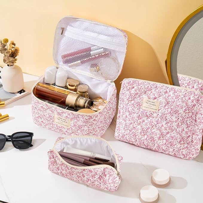 Makeup Bag for Women 3PCS Quilted Cotton Make Up Bag Travel Cosmetic Bag Large Makeup Bag Set Cute Makeups Organizer Floral Toiletry Pouch for Purse, Blush Bloom