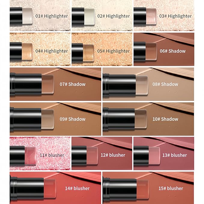 MAEPEOR Cream Blush Stick 15 Colors Lightweight Blendable Contour Highlighter Blush Stick Long Lasting Waterproof Blusher Pen (Contour 06)