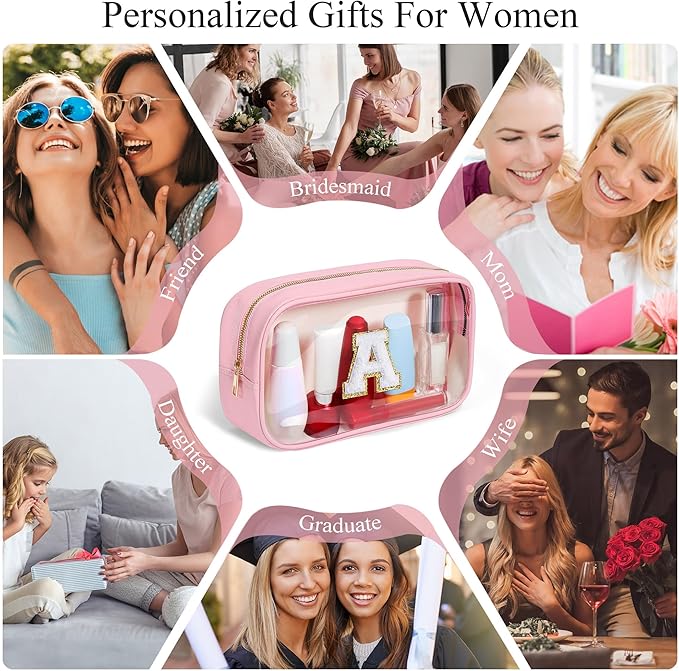 YOOLIFE Initial Travel Essentials Makeup Bag, Make Up Bag Skin Care Clear Toiletry Bag Pouch Cosmetic Bag Case Large Makeup Bag Personalized Pink Birthday Gifts for Women Teacher Mom Teen Friends V