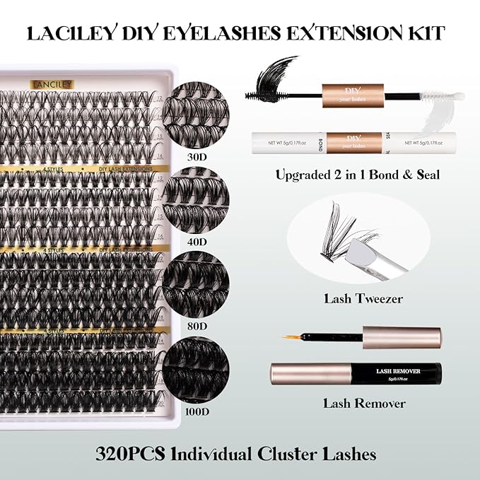 Lash Clusters 320PCS 12-20MM 30D+40D+80D+100D DIY Eyelash Extensions Kit Natural Individual Lashes Thick Volume Eyelash Clusters D Curly Lash Extension kit with Bond + Seal + Remover + Tweezers-4