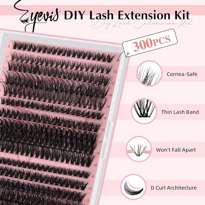 Lash Extension Kit 300PCS Lash Clusters Kit D Curl Eyelash Cluster 8-16mm 30D 40D 50D Individual Lashes Kit with Lash Bond and Seal Lash Tweezers（30D+40D+50D-D Kit, 8-16MIX）