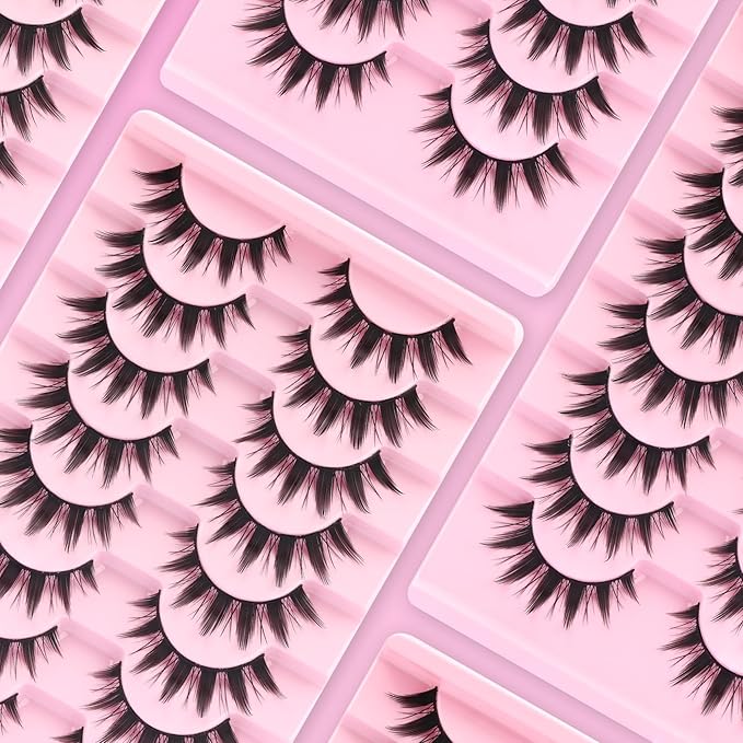 Ahrikiss Lashes Spiky Manga Lashes Anime False Eyelashes 8 Pairs Faux Mink Lashes Cosplay Thick Fake Eyelashes Soft Strip Lashes 8-16mm Wispy Fake Lashes Natural Look (Doll)