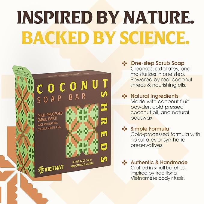 Coconut Shreds Soap Bar (Pack of 3) – 2-in-1 Cleansing & Exfoliating, Cold Process Handmade Bar with Real Coconut, Nourishing Body Soap, Made in Vietnam