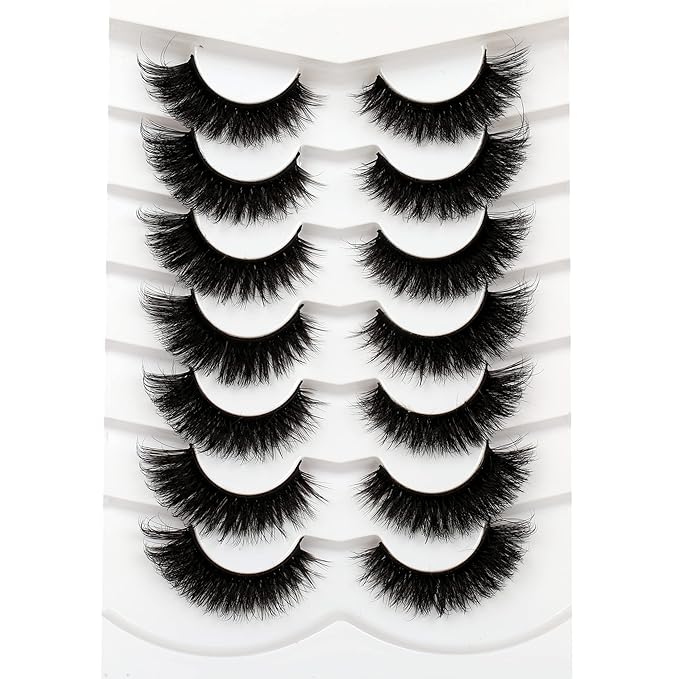 Pooplunch False Eyelashes Cat Eye Look 18MM Dramatic Volume Thick Wispy Long Faux Mink Lashes Fake Eyelash Strips 7 Pairs Pack