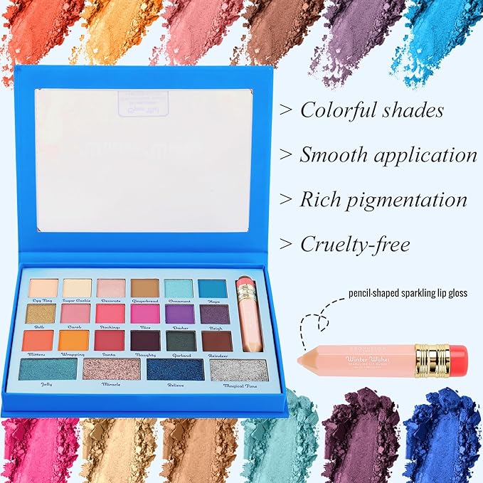 Profusion Cosmetics Winter Wishes Eye and Face Makeup Palette – Features 18 Multi Finish Shades, 4 Pressed Glitter and 1 Pencil Shaped Sparkling Lipgloss, Blendable, Vegan & Cruelty-Free
