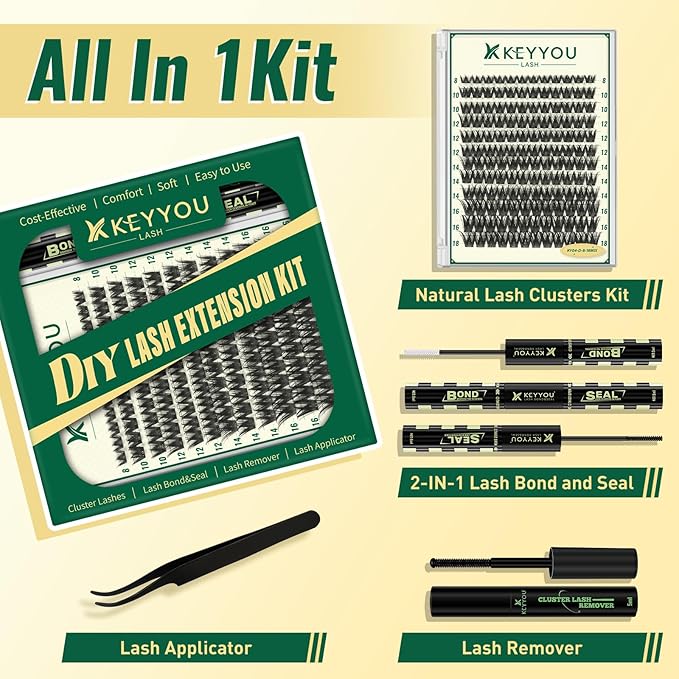 KEYYOULASH Lash Clusters Kit 144pcs 8-18MIX Lash Clusters Volume Thick Lash Extension Kit with Lash Bond and Seal,Remover,Applicators for DIY Eyelash Extension Kit at Home (KY04 Kit)