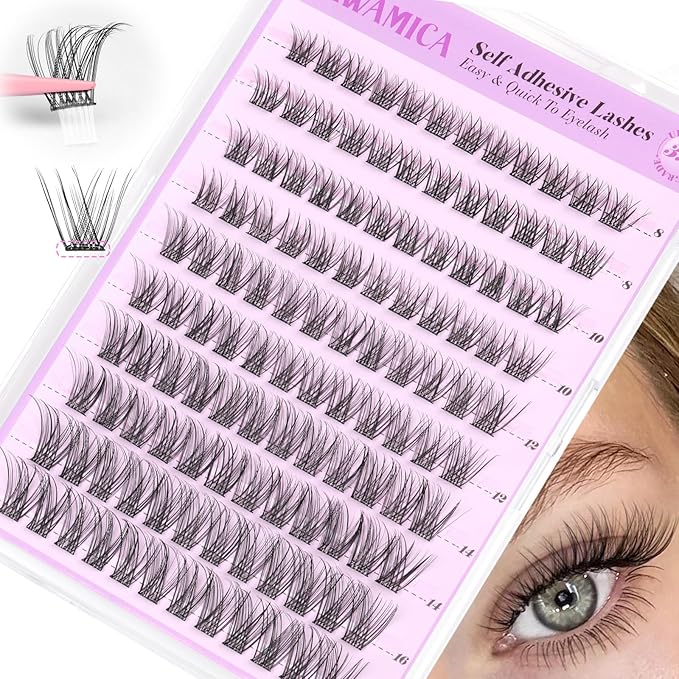 Yawamica Self Adhesive Lash Clusters Natural Press on Lashes Reusable Eyelash Clusters No Glue Needed 8-16mm Self Adhesive Eyelashes C Curl Individual Lashes DIY Lash Extension with Easy Application