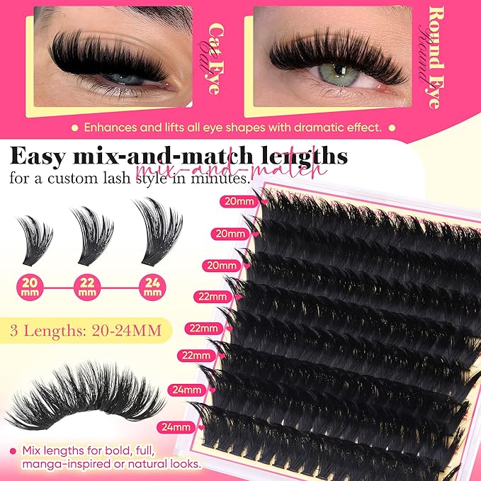 Volume Lash Clusters with Spiky Long Lash Clusters 300D Eyelash Clusters 20-24MM Thick Wispy D Curl Cluster Eyelash Extensions 3D Fluffy Cluster Eyelash Extensions by FANXITON