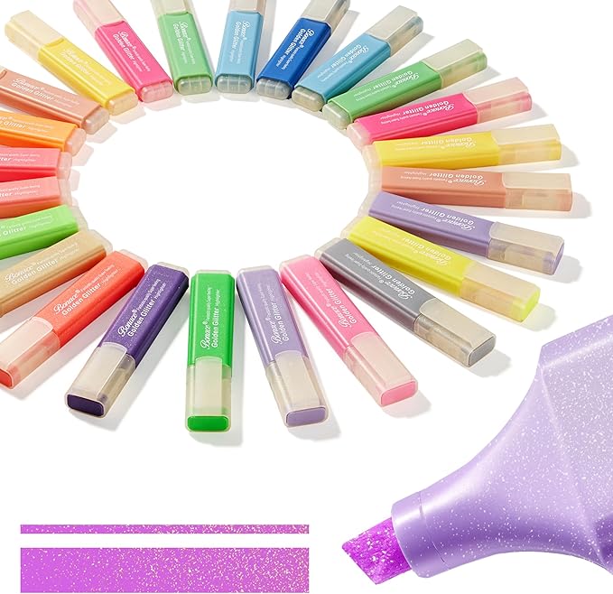 Gold Glitter Highlighters - Chisel Tip, No Bleed, Assorted Colors - 24 Pack Metallic Colors Cute Highlighter Markers, Pastel Highlighters for Journaling and School Supplies for Girls