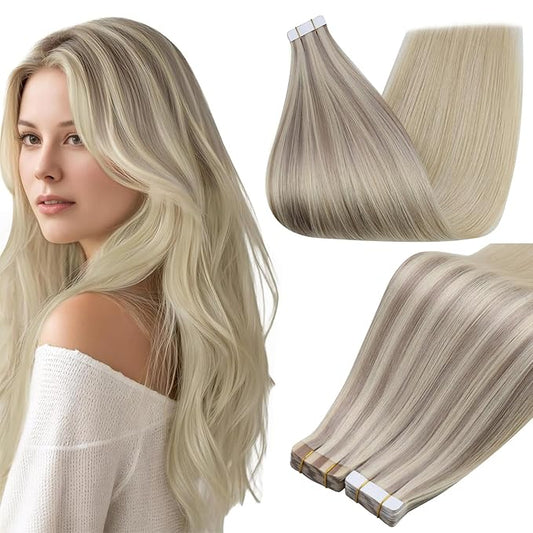 Full Shine Tape Hair Extensions 20Inch Tape in Extensions 18 Ash Blonde Ombre 22 and 60 Platinum Blonde Real Human Hair Extensions 20Pcs Seamless Invisible Human Hair 50G for Wedding