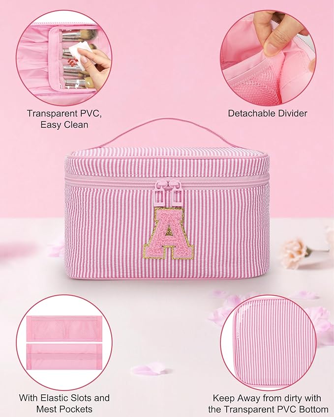 MONSTINA Personalized Initial Makeup Bag Set for Girls&Women,Personalized Make Up Case for Girlfriend Graduation Teacher Gifts,Cute Toiletry Bag Preppy Chenille Letter Patch,2PCS,Pink V