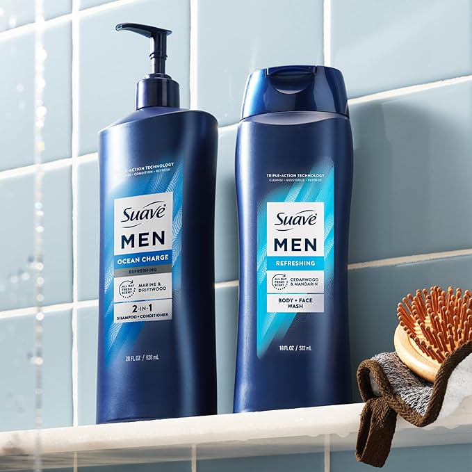 Suave Men Moisturizing Body & Face Wash, With Cedarwood and Mandarin Scent, No Parabens, No Phtahaltes, 18 Oz Pack of 6