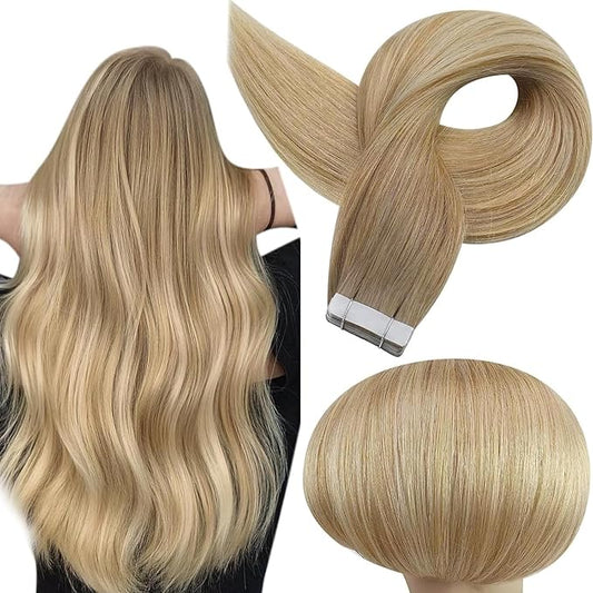 Full Shine Blonde Tape in Hair Extensions Color 6/27/60 Balayage Tape in Extensions Human Hair 24Inch Remy Seamless Skin Weft Long Straight Extension Soft Silky for Party 50G 20Pcs