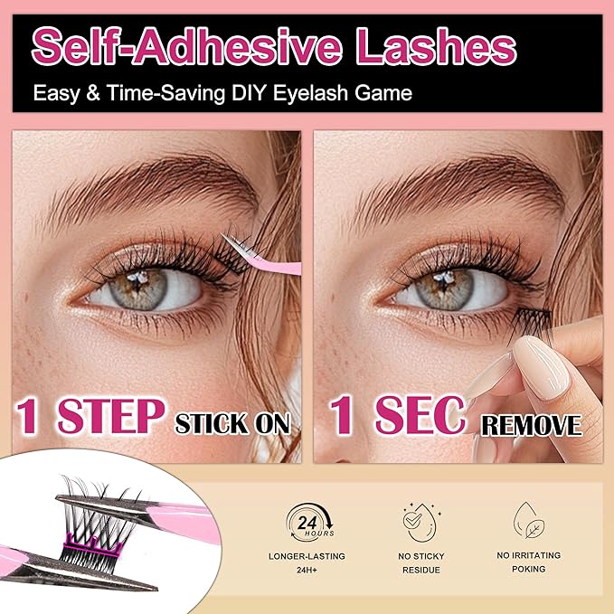 JoMay Self Adhesive Press On Lashes No Glue Needed, Pre-Glued Clusters with Thin Band, Natural Wispy D Curl, Reusable Soft Lashes for Beginners, Pre-Separated L/R 10 Pairs - Wispy Charm Lash Clusters