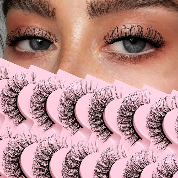 Ahrikiss Russian Strip Lashes That Look Like Extensions D Curl Fluffy False Eyelashes 10 Pairs Wispy Natural Fake Lashes Pack Fluffy 3D Volume Fake Lashes (D05)