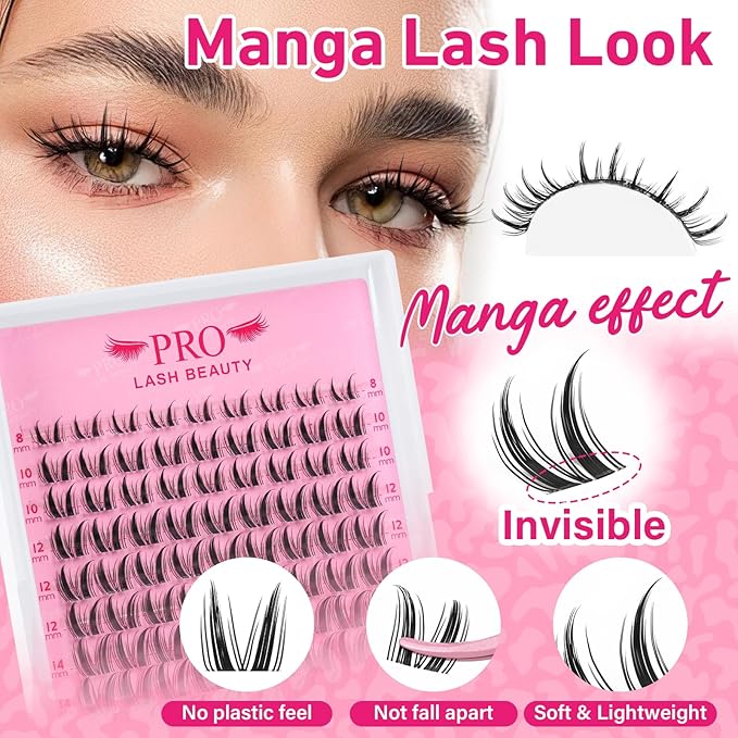 PROLASHBEAUTY Manga Lash Clusters Kit Wispy Eyelash Clusters DIY Lash Extension Kit Individual lashes Incisible Band Eyelash Extension Kit with Lash Glue, Tweezers Lash Brush (Genie,8-16mix)