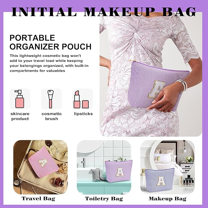 Initial Travel Toiletry Bag for Women - Travel Essentials, Travel Makeup Bag Small Cosmetic Make up Bag Cute Stuff Birthday Gifts for Women Mom Girlfriend Teacher, Purple Letter N